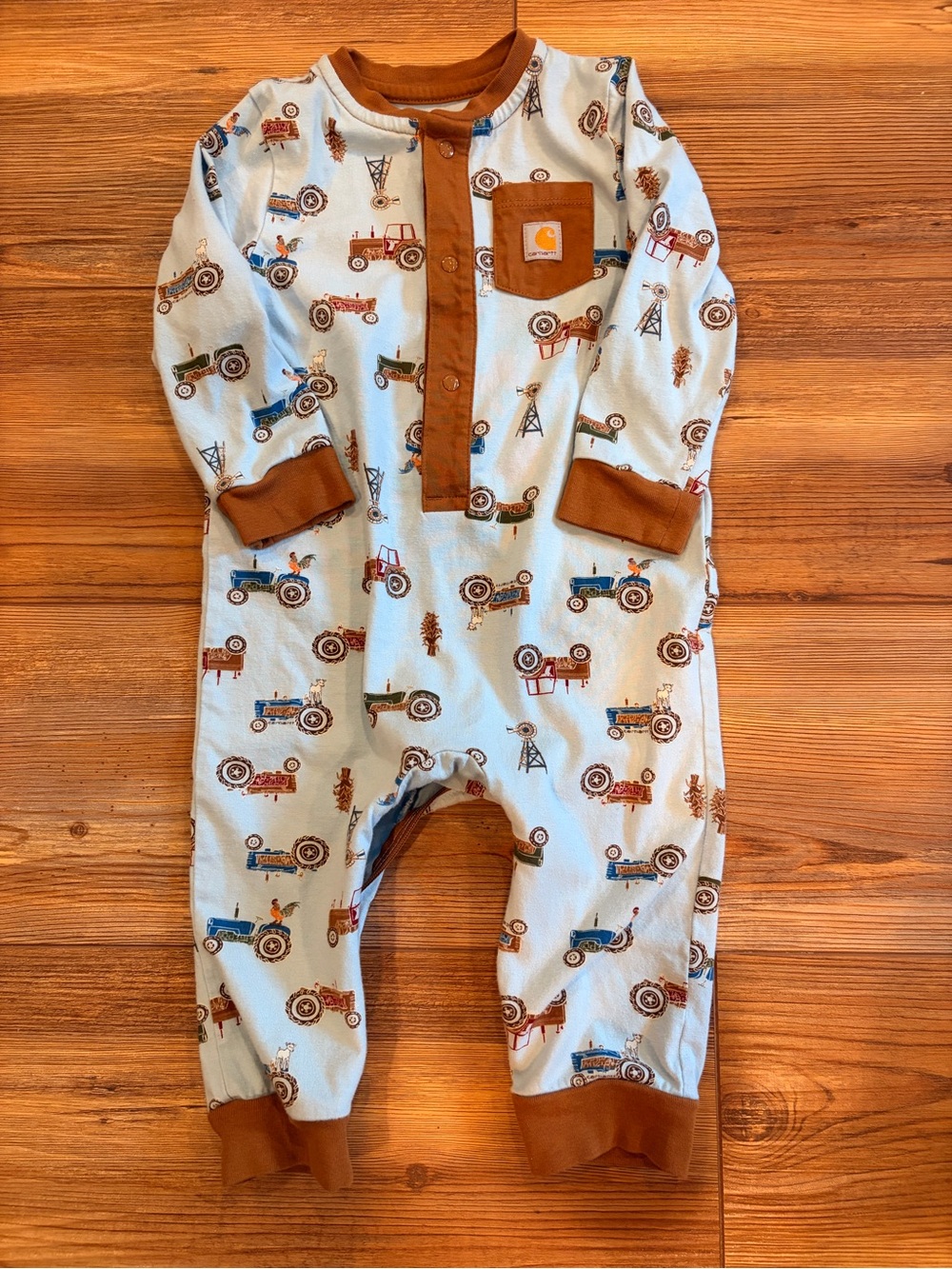 9 Months Carhartt Blue One-Piece with Brown Trim & Tractor Print